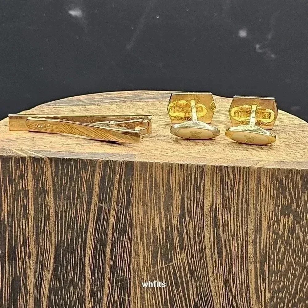 Celine Gold and Silver Tone Cufflinks and Tie Bar Set